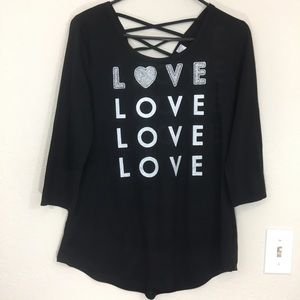 Juniors Blouse/Tee Cage-Back Glitter LOVE, 3/4 Sleeves